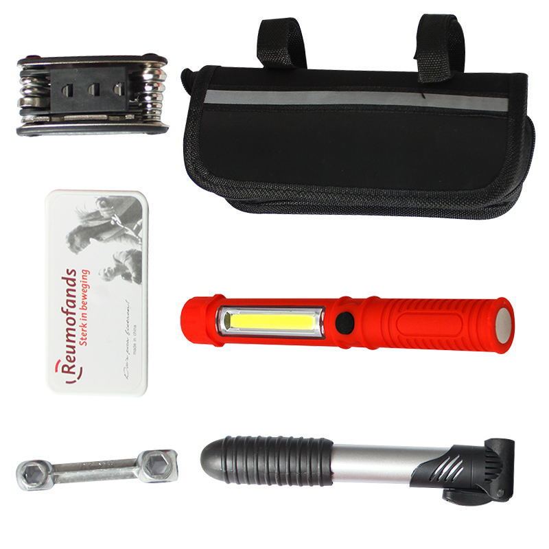 Bicycle Repair Tool Set 21040 featuring a multi-purpose kit with various practical tools and an air cylinder, designed for quick and efficient bike repairs on the go.