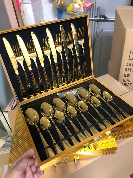 A 24-piece stainless steel cutlery set, made from durable 18/10 stainless steel, eco-friendly, BPA-free, and dishwasher safe. Includes forks, knives, spoons, and teaspoons.