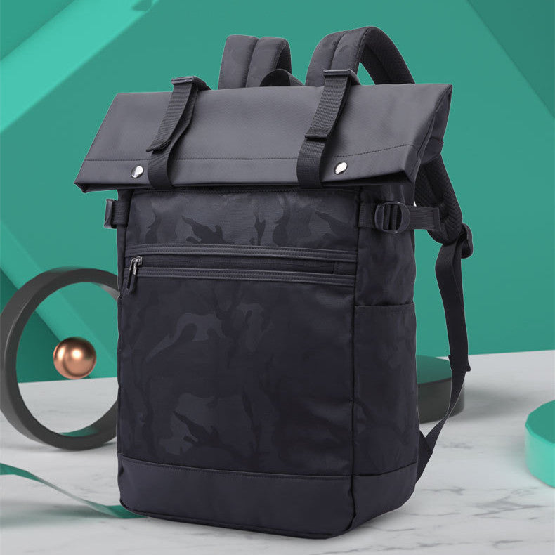  Men's double shoulder computer bag made of durable Oxford cloth, featuring breathable, waterproof, and expandable design. Available in black, camouflage, and off-white, with a soft handle and double shoulder straps for comfort and style. Fits a 17-inch laptop.