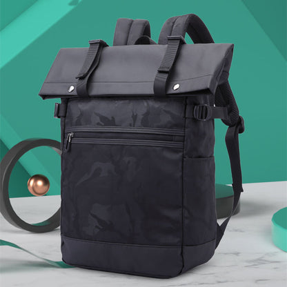  Men's double shoulder computer bag made of durable Oxford cloth, featuring breathable, waterproof, and expandable design. Available in black, camouflage, and off-white, with a soft handle and double shoulder straps for comfort and style. Fits a 17-inch laptop.