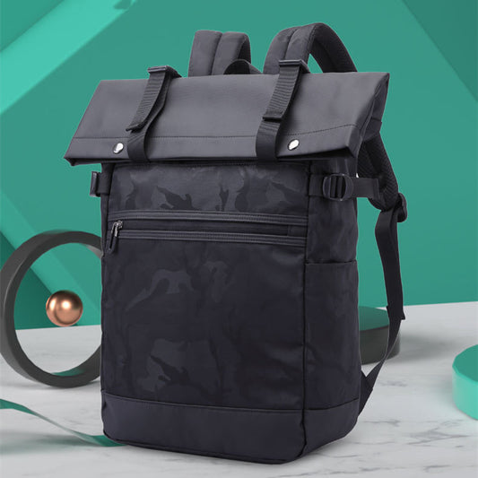  Men's double shoulder computer bag made of durable Oxford cloth, featuring breathable, waterproof, and expandable design. Available in black, camouflage, and off-white, with a soft handle and double shoulder straps for comfort and style. Fits a 17-inch laptop.