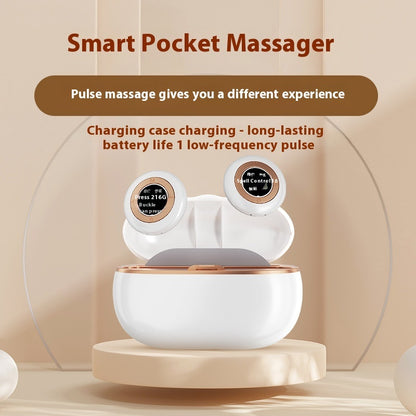 Portable silver USB-powered pocket massage instrument designed for soothing massages, with a compact size for easy travel and a scrub-cleaning method.