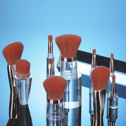 Zhuoerya 9-piece makeup brush set with transparent acrylic handles, featuring man-made fiber bristles for smooth application. Short rod handles for comfort and control, with an overall length of 22.5 cm.