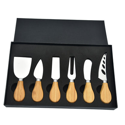 
6-piece stainless steel cheese cutter set with ergonomic handles, designed for slicing different types of cheese. Custom logo printing available, perfect for gifting or personal use.