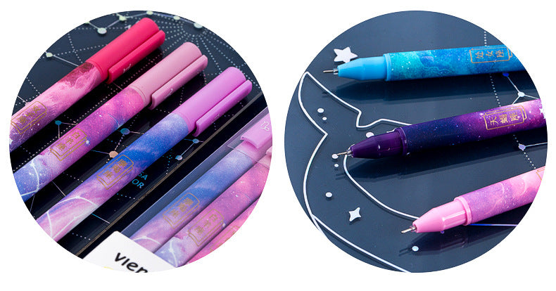 Twelve constellation gel pen set featuring 12 pens with unique zodiac designs, made of plastic and packaged in a plastic outer box, perfect for writing and gifting.