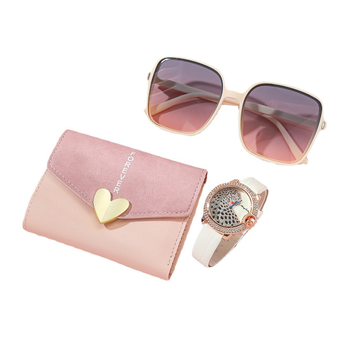 Elegant Women's Watch Business Gift Set featuring a sleek, fashion-forward design. This quartz movement timepiece is adorned with a stylish pointer and number display. The 35mm round dial with a spiral crown ensures precision, while the stainless steel needle buckle offers durability. The set includes a watch, glasses, wallet, and an elegant packaging box, making it a perfect gift choice. Available in square steel belt, pink belt, or white belt styles, this set is designed to impress, ideal for both busines