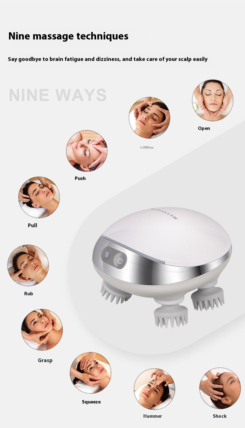 Octopus scalp massage instrument with 4 adjustable gears, USB-powered, available in three models: K113 (no base, no hot compress), K111 (with base and red hot compress), K112 (with base, microcurrent, and red hot compress). Comes with multilingual manuals in Chinese, English, and Japanese.