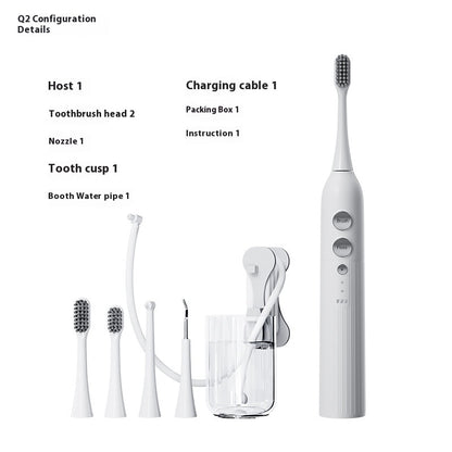Three-in-one waterproof smart electric toothbrush and oral irrigator in multiple colors (Q1 White, Q1 Black, Q2 White, Q2 Pink), featuring a rechargeable power type, magnetic suspension motor, and over 5 gear settings for customizable cleaning.
