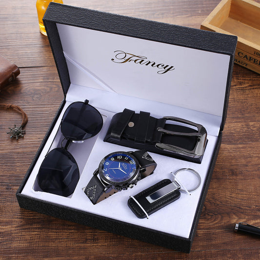 A men's fashion boutique gift set including a stylish quartz watch, belt, key chain, and glasses in a sleek packaging. Ideal for a modern, casual look.