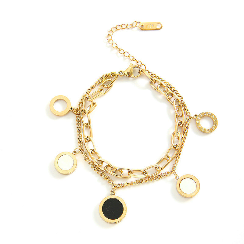 Golden Essence Roman numeral pendant bracelet, adding a touch of light luxury and timeless elegance to any outfit. #RomanNumeralBracelet #LightLuxury #GoldenEssence #TimelessElegance #FashionJewelry #LuxuryAccessories #PendantBracelet #ChicStyle