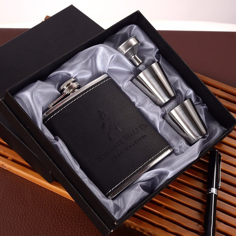 Stainless Steel Bottle Set with a 7oz bottle, funnel, two cups, and a gift box. Elegant and durable design, perfect for gifting or personal use.