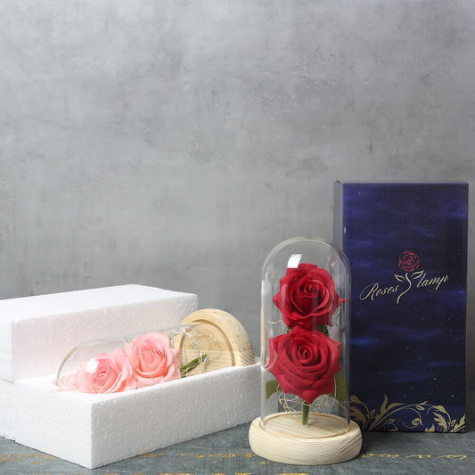 Handmade silk flower roses with LED lighting, available in various colors including red, blue, pink, and white. A beautiful decorative ornament powered by 3 AAA batteries, perfect for adding a romantic touch to any space.