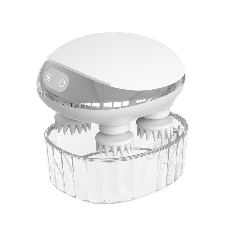 Octopus scalp massage instrument with 4 adjustable gears, USB-powered, available in three models: K113 (no base, no hot compress), K111 (with base and red hot compress), K112 (with base, microcurrent, and red hot compress). Comes with multilingual manuals in Chinese, English, and Japanese.