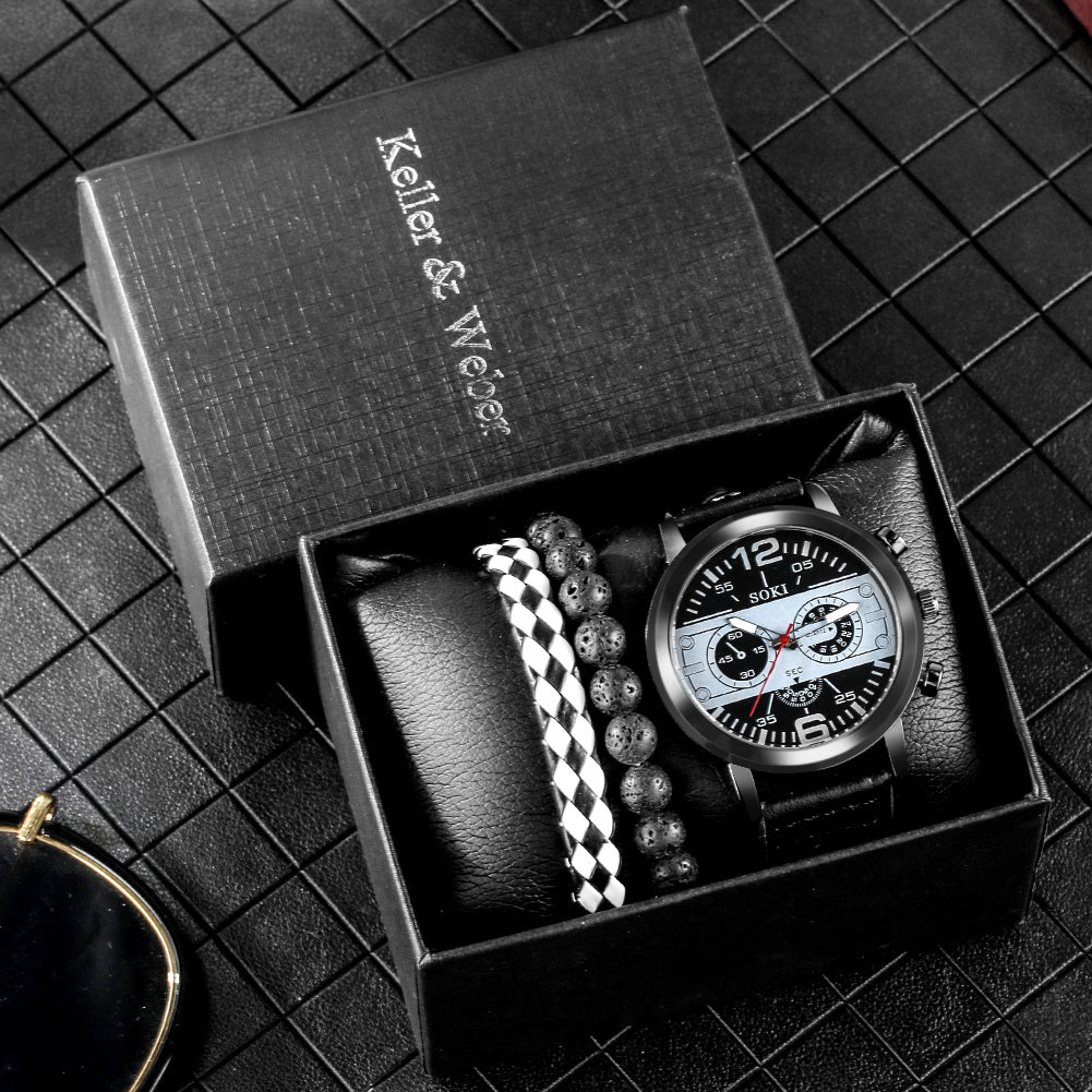 **Men's Quartz Watch & Bracelet Gift Set – Stylish & Timeless**  

A sleek **quartz watch** with a **42mm round dial**, **alloy strap**, and **stainless steel buckle**, paired with a fashionable bracelet. Designed for the modern man, this set is perfect for **everyday wear, special occasions, or gifting**. 🎁⌚✨