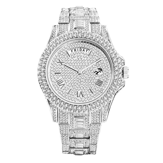 Elevate your style with the Men's Full Diamond Luxury Quartz Watch, a masterpiece that blends luxury and functionality in a timeless design. Crafted for the modern man, this watch not only offers precise timekeeping but also features a calendar edition, making it as practical as it is stylish.