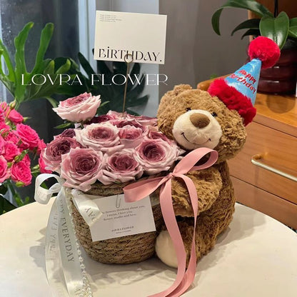 Stuffed Bear with Bouquet – Adorable teddy bear with preserved fresh flowers, LED lights, and a greeting card. Perfect gift for any occasion like birthdays or anniversaries.