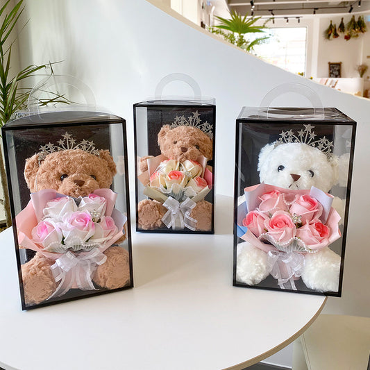 **Simple Bear Doll Soap Flower Rose Gift Box – A charming gift featuring soap roses and a cute bear in a decorative box. Perfect for special occasions!**