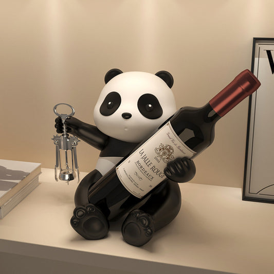 "Panda Wine Decoration – A handmade synthetic resin wine rack featuring whimsical panda designs, including bamboo panda, fortune panda, and treasure hunting panda. A fun and functional addition to your home decor, perfect for wine lovers and unique gift-giving occasions."