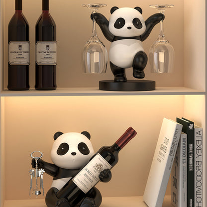 "Panda Wine Decoration – A handmade synthetic resin wine rack featuring whimsical panda designs, including bamboo panda, fortune panda, and treasure hunting panda. A fun and functional addition to your home decor, perfect for wine lovers and unique gift-giving occasions."