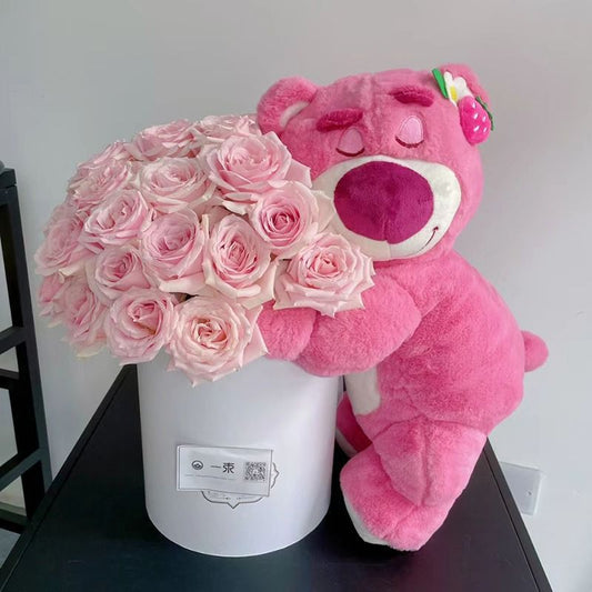 Stuffed Bear with Bouquet – Adorable teddy bear with preserved fresh flowers, LED lights, and a greeting card. Perfect gift for any occasion like birthdays or anniversaries.