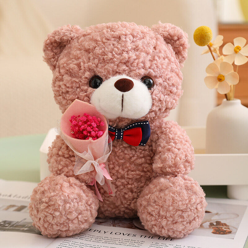 Rose Bear Doll in pink, dark green, light brown, and dark brown, crafted from teddy velvet fabric with a high elastic cotton filling, measuring 25cm