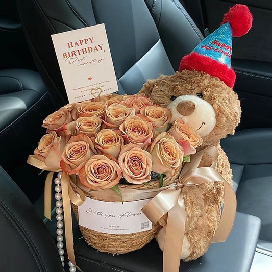 Stuffed Bear with Bouquet – Adorable teddy bear with preserved fresh flowers, LED lights, and a greeting card. Perfect gift for any occasion like birthdays or anniversaries.