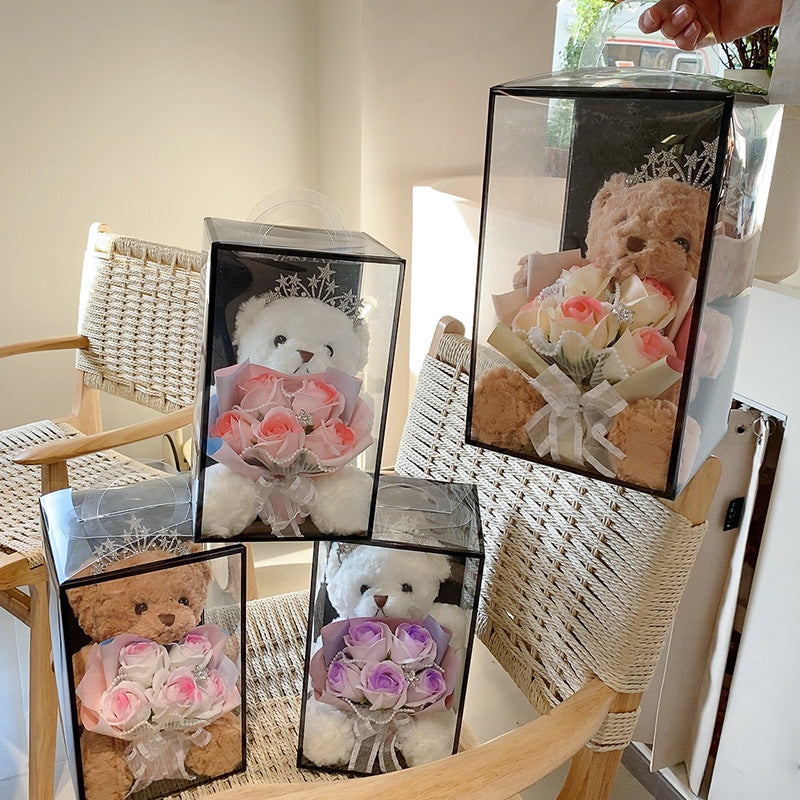 **Simple Bear Doll Soap Flower Rose Gift Box – A charming gift featuring soap roses and a cute bear in a decorative box. Perfect for special occasions!**