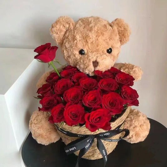 Stuffed Bear with Bouquet – Adorable teddy bear with preserved fresh flowers, LED lights, and a greeting card. Perfect gift for any occasion like birthdays or anniversaries.