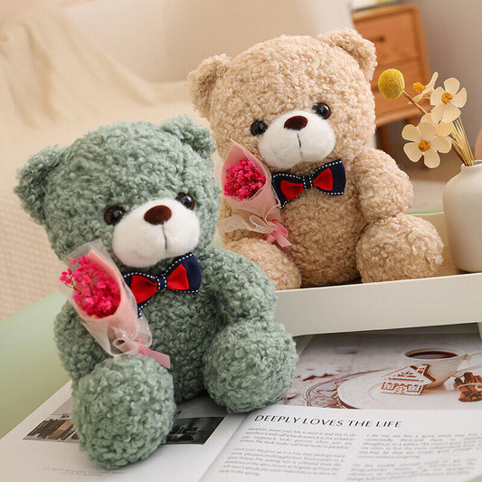 Rose Bear Doll in pink, dark green, light brown, and dark brown, crafted from teddy velvet fabric with a high elastic cotton filling, measuring 25cm