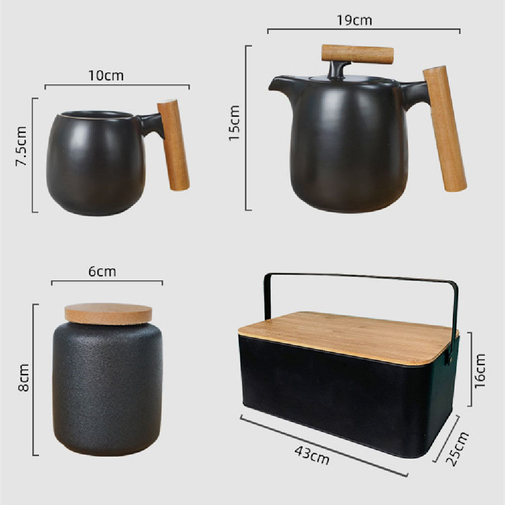 Elegant black porcelain pastoral style portable tea set, featuring an 8-piece set with a small and fresh design, perfect for outdoor tea experiences.