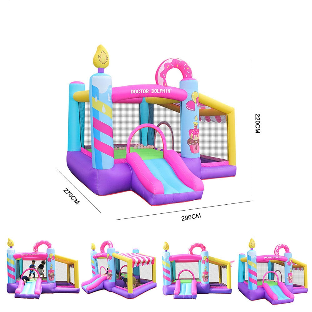Inflatable castle for kids, made of durable PVC fabric with dimensions 270x290x220cm. Includes a 350W fan for easy setup and deflation. Ideal for household amusement.