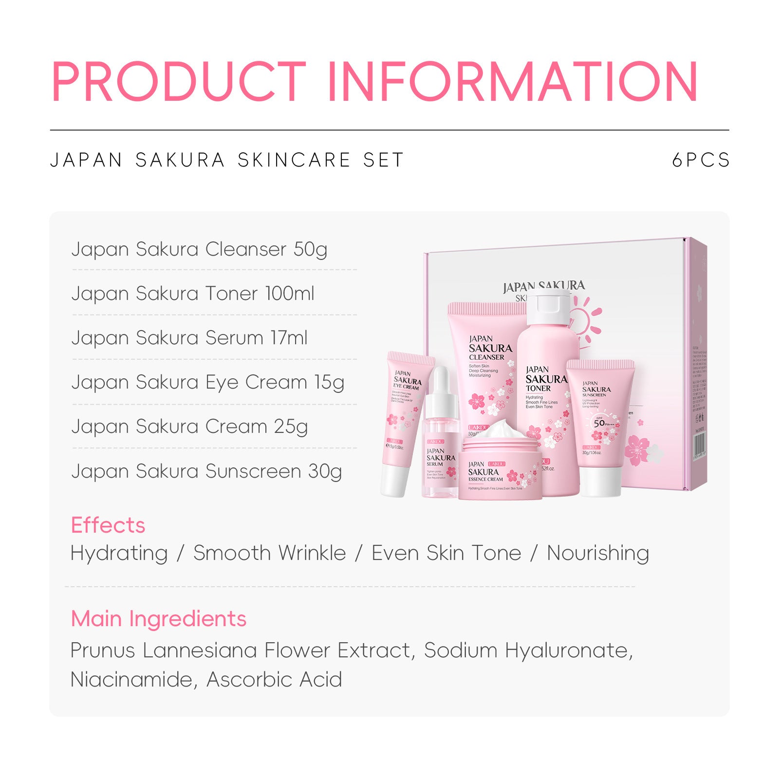 Indulge in the delicate touch of cherry blossoms with this luxurious 6-piece skincare set—specially designed to cleanse, nourish, and rejuvenate your skin. Infused with the essence of cherry blossoms, this set delivers deep hydration, promotes a radiant glow, and leaves your skin feeling refreshed and silky smooth.
