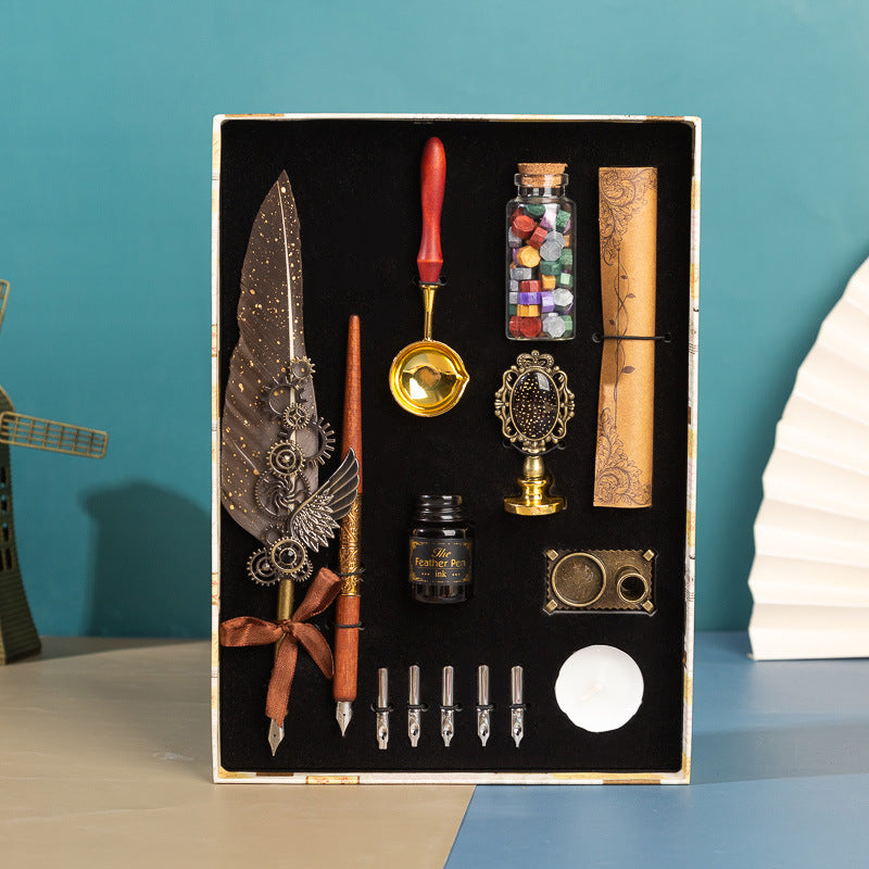 **Business Gift Box Pen Set – Elegant & Crafty 🖋️** A **retro punk-style** pen set with high-quality materials like **brass pen holders**, **natural feathers**, and **wooden components**. Includes **1 feather pen**, **1 wooden dip pen**, **1 candle**, **1 seal**, **1 bottle of wax particles**, **5 replacement tips**, and more, all neatly packaged in a gift box. Available in colors like **wine red, navy blue, black**, and **white**—perfect for gifting or enhancing your workspace. 📜🎁