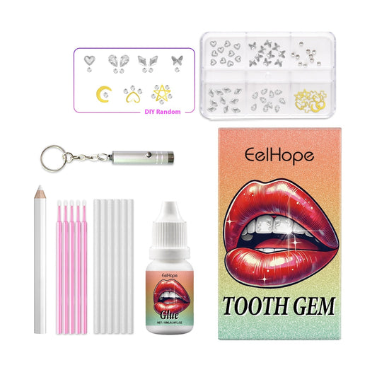 "Fashion Teeth Set – A complete set for adding tooth jewels, including 60 tooth jewels, 10ML glue, gemstone pen, cotton swabs, and a UV lamp, designed to make your smile sparkle with elegance and style."