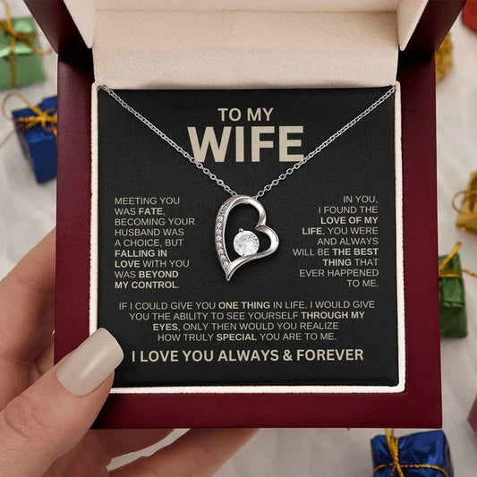 Heart-shaped Love Necklace in elegant gift box, perfect for wife, symbolizing love and affection, with options for silver or gold card and high-grade solid wood gift boxes.