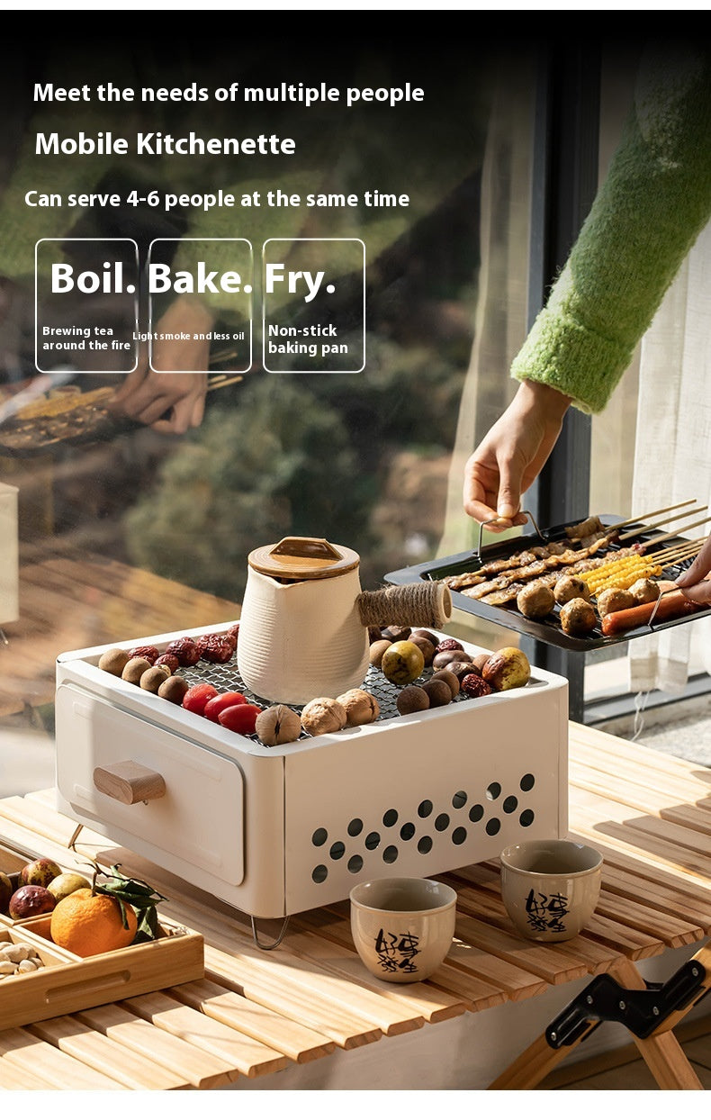 "Square Barbecue Oven-Grill – A white, alloy-constructed grill designed for 3-5 people, featuring a split-type structure, carbon fuel compatibility, and includes a charcoal plate and grill net. Perfect for outdoor gatherings and cookouts."