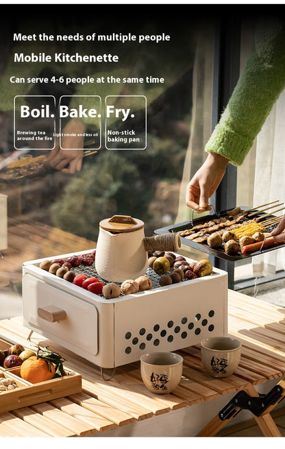 "Square Barbecue Oven-Grill – A white, alloy-constructed grill designed for 3-5 people, featuring a split-type structure, carbon fuel compatibility, and includes a charcoal plate and grill net. Perfect for outdoor gatherings and cookouts."
