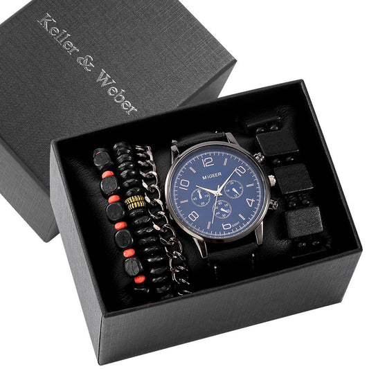 A stylish men's gift box set featuring a quartz watch with a leather strap and three matching bracelets. Perfect for any occasion.