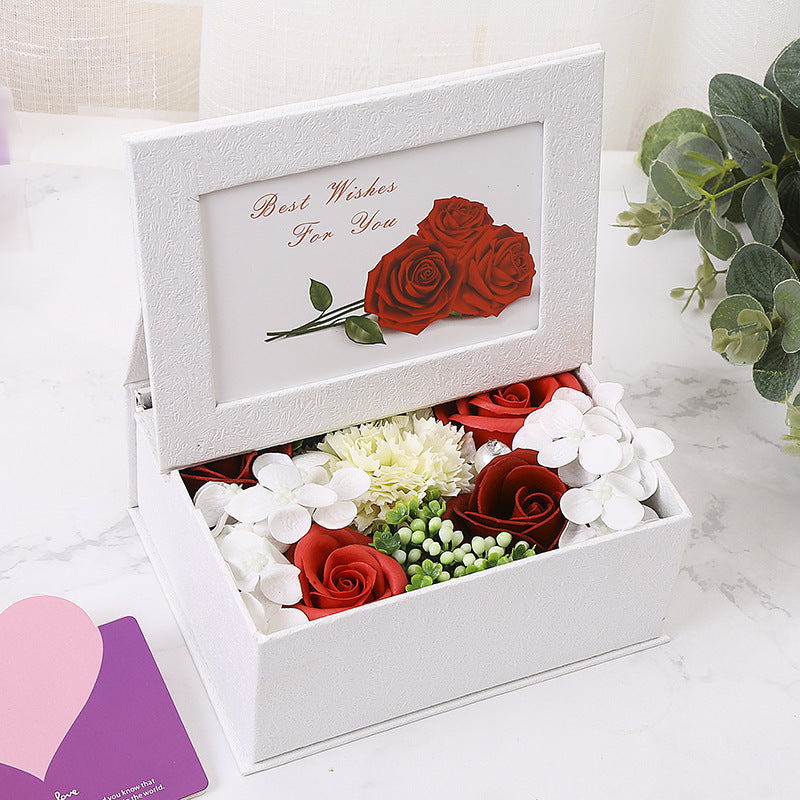 **Rose Flower Box – A handmade bouquet of soap roses in an elegant photo box, available in pink, red, blue, orange, and purple. Perfect for gifting on special occasions.**