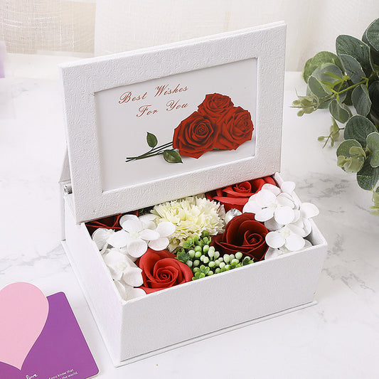 **Rose Flower Box – A handmade bouquet of soap roses in an elegant photo box, available in pink, red, blue, orange, and purple. Perfect for gifting on special occasions.**