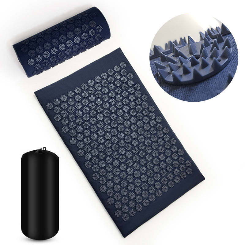 Acupuncture Massage Cushion & Pillow Set with Yoga Mat in green and navy blue, made from cotton, ABS, and sponge materials. Provides relaxation and stress relief.