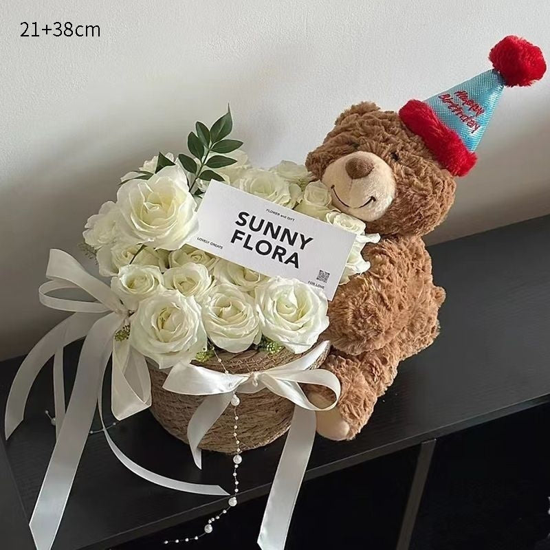 Stuffed Bear with Bouquet – Adorable teddy bear with preserved fresh flowers, LED lights, and a greeting card. Perfect gift for any occasion like birthdays or anniversaries.