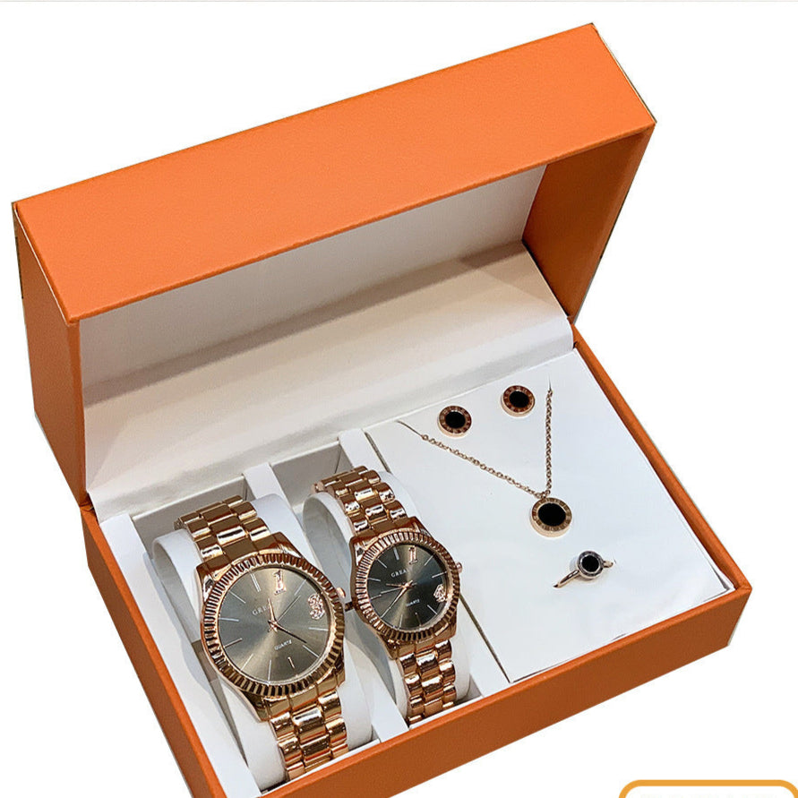 A stylish Women's Watch Business Gift Set featuring a quartz movement, round dial with a spiral crown, and a stainless steel band. The watch comes in multiple colors including white, black, rose gold, and gold, perfect for both professional and casual occasions. The set is elegantly packed and ideal for gifting.