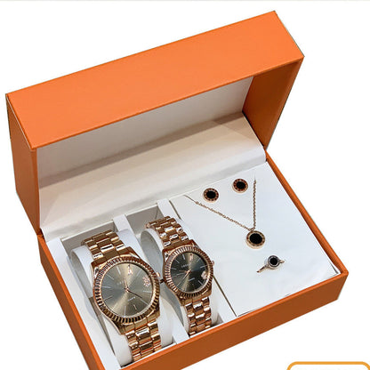 A stylish Women's Watch Business Gift Set featuring a quartz movement, round dial with a spiral crown, and a stainless steel band. The watch comes in multiple colors including white, black, rose gold, and gold, perfect for both professional and casual occasions. The set is elegantly packed and ideal for gifting.