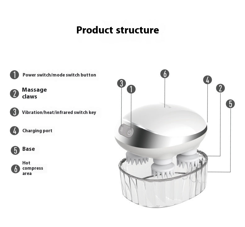 Octopus scalp massage instrument with 4 adjustable gears, USB-powered, available in three models: K113 (no base, no hot compress), K111 (with base and red hot compress), K112 (with base, microcurrent, and red hot compress). Comes with multilingual manuals in Chinese, English, and Japanese.