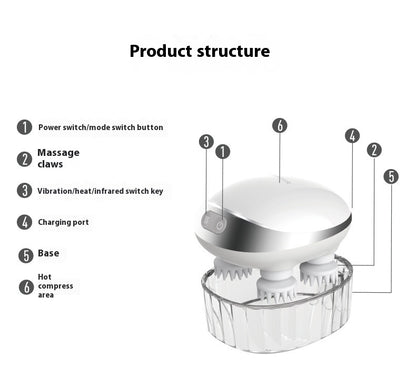 Octopus scalp massage instrument with 4 adjustable gears, USB-powered, available in three models: K113 (no base, no hot compress), K111 (with base and red hot compress), K112 (with base, microcurrent, and red hot compress). Comes with multilingual manuals in Chinese, English, and Japanese.