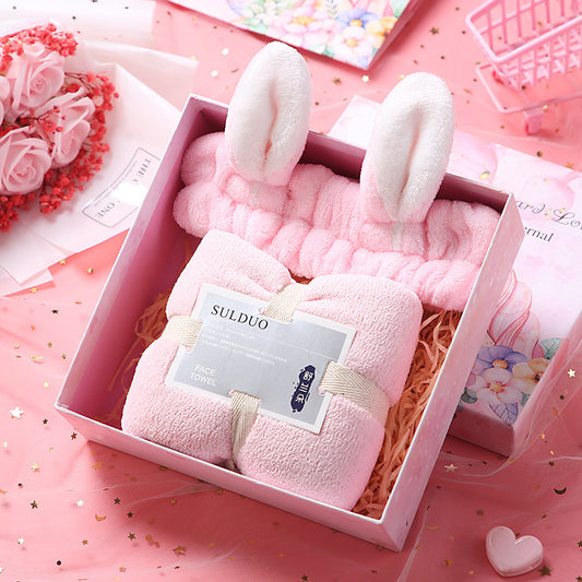 Birthday Cute Gift Set featuring coral fleece towels, matching hair bands, and optional glass cups, umbrellas, or eye masks in various stylish combinations.
