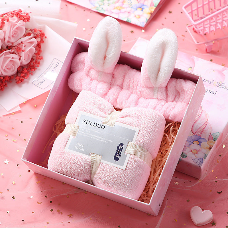 Birthday Cute Gift Set featuring coral fleece towels, matching hair bands, and optional glass cups, umbrellas, or eye masks in various stylish combinations.