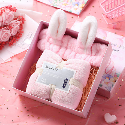 Birthday Cute Gift Set featuring coral fleece towels, matching hair bands, and optional glass cups, umbrellas, or eye masks in various stylish combinations.