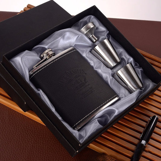 Stainless Steel Bottle Set with a 7oz bottle, funnel, two cups, and a gift box. Elegant and durable design, perfect for gifting or personal use.